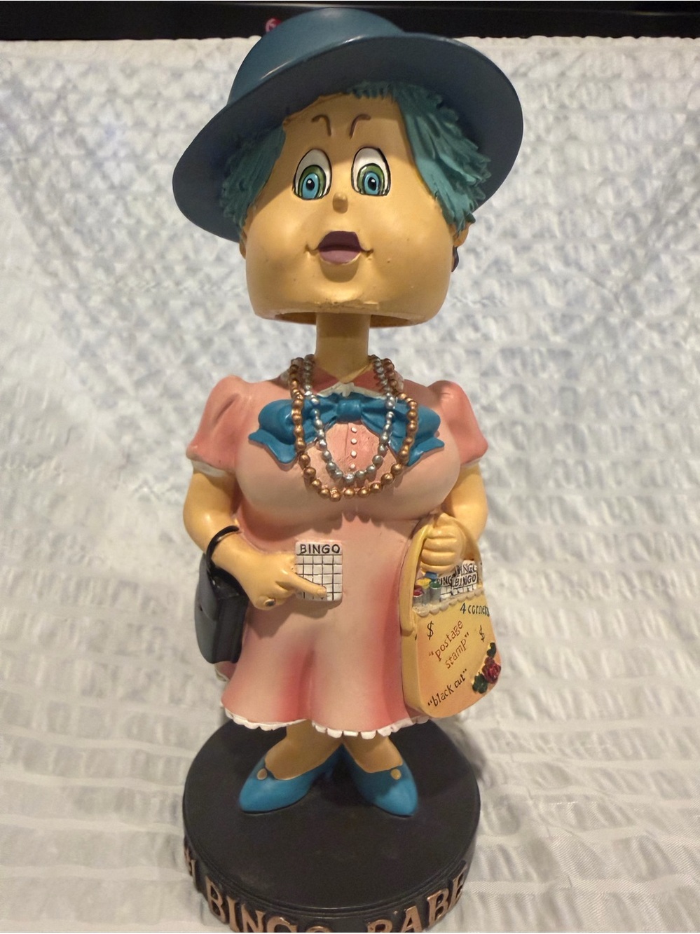 Bingo Lady Resin Figurine in Pink and Blue - Decorative Home Accent